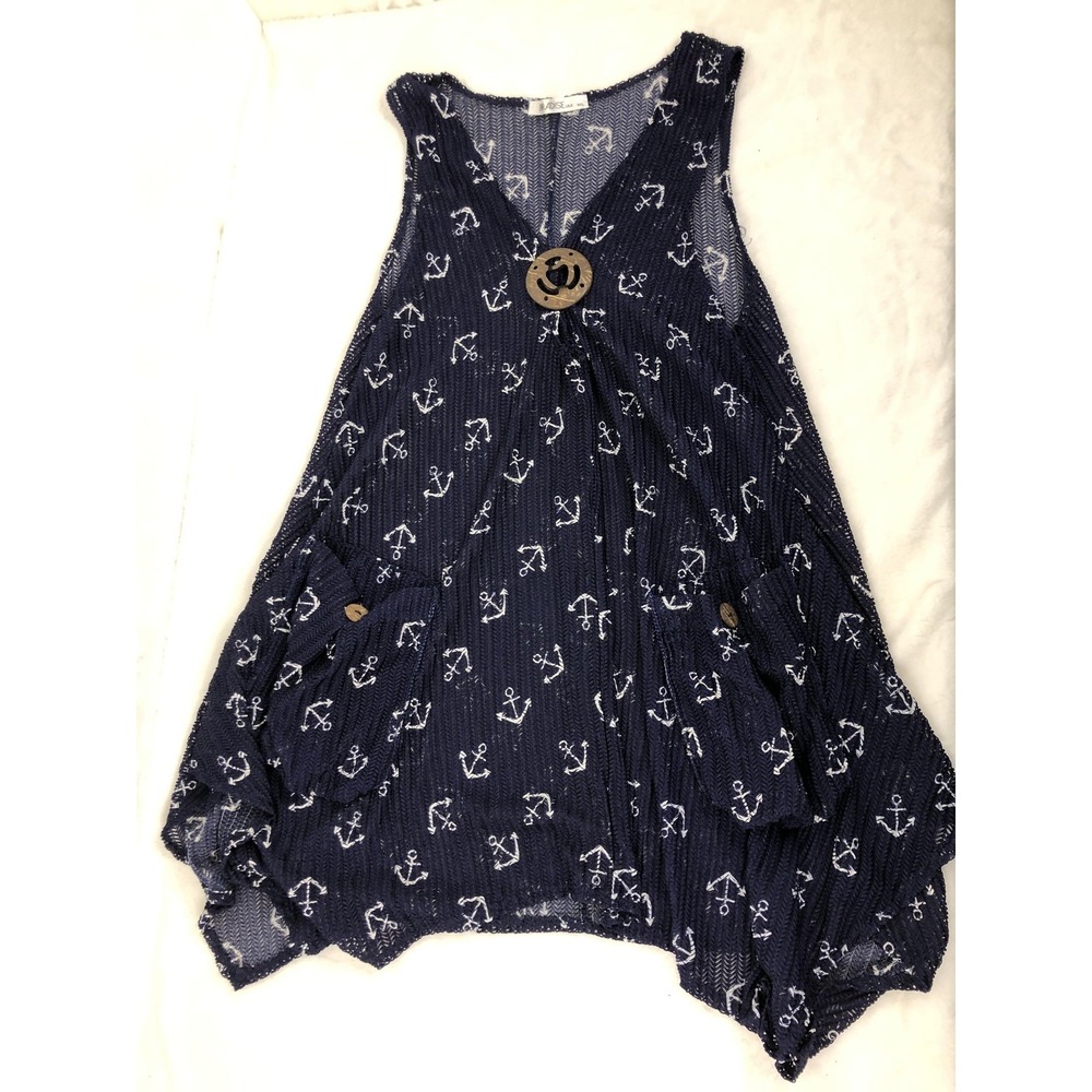 Paradise USA Tunic Womens Medium Large‎ Anchor Print Boho Sleeveless Top Coverup